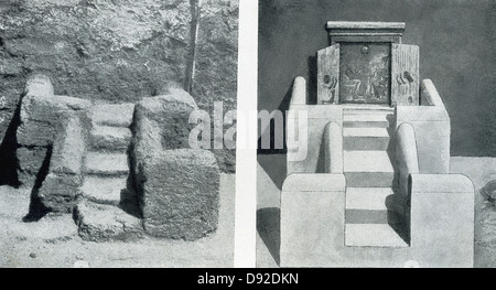 Mostrato in questo presto 1920s foto a sinistra sono i resti di una casa altare scoperte a Akhetaten (Amarna) e la sua ricostruzione. Foto Stock