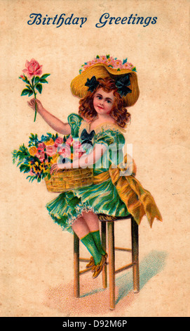 Auguri di compleanno - Vintage Card con la ragazza seduta su uno sgabello con cesto di fiori Foto Stock