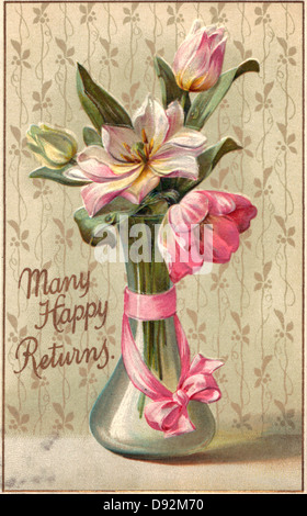 Tanti Auguri Vintage Biglietto Di Auguri Di Compleanno Con Vaso E Fiori Foto Stock Alamy