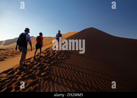 Famiglia di arrampicata duna di sabbia accanto a Deadvlei, vicino al Sossusvlei, Namib-Naukluft National Park, Namibia, Africa Foto Stock