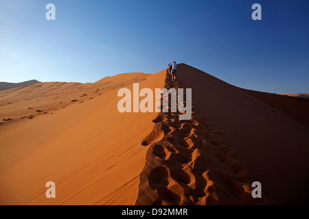 Famiglia di arrampicata duna di sabbia accanto a Deadvlei, vicino al Sossusvlei, Namib-Naukluft National Park, Namibia, Africa Foto Stock