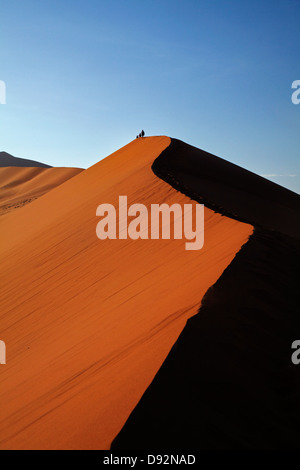 Famiglia di arrampicata duna di sabbia accanto a Deadvlei, vicino al Sossusvlei, Namib-Naukluft National Park, Namibia, Africa Foto Stock