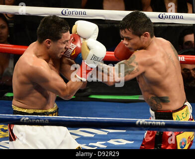 Giugno 8,2013 .Carson CA. (In rosso trunk) Marcos Maidana va 6 roudns Josesito Lopez al Home Depot Center Sabato notte. Marcos Maidana ha preso il vento di knock out come la lotta è stata ferma nel mezzo del sesto round da ref come Josesito Lopez non era combattendo indietro. Marcos Maidana prende il vento per la WBA Intercontinental welterweight title. .Foto da Gene Blevins/LA Daily News/ZumaPress (credito Immagine: © Gene Blevins/ZUMAPRESS.com) Foto Stock