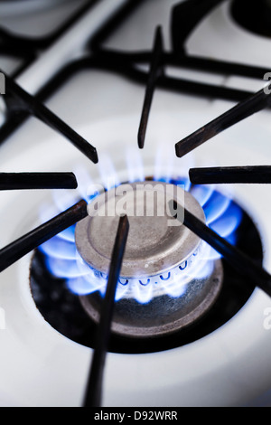 La fiamma blu di una accesa la stufa del gas bruciatore, close-up Foto Stock