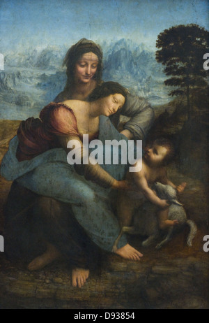 Léonardo da Vinci la Vergine con il Bambino e Sant'Anna XV secolo di scuola italiana Olio su tela museo del Louvre - Paris. Foto Stock