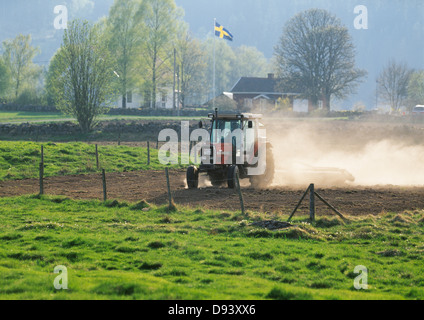 Trattore campo di aratura Foto Stock