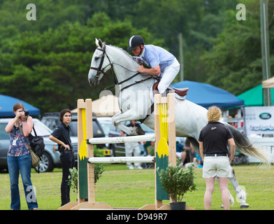 Un cavallo e cavaliere saltare una recinzione verticale in un periodo di sei bar show jumping concorrenza Foto Stock