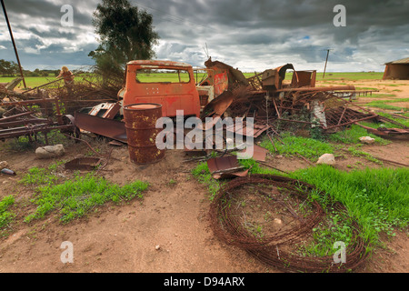 Agriturismo Agricoltura agricoltura rurale barb recinto di filo di scherma paese paddocks Yorke Peninsula South Australia post gate lone tree grigio Foto Stock