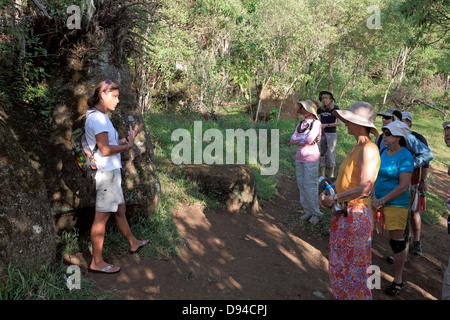 Le guide di giro spiega il mistero rock sculture nelle Highlands di isola Floreana nelle isole Galapagos Foto Stock