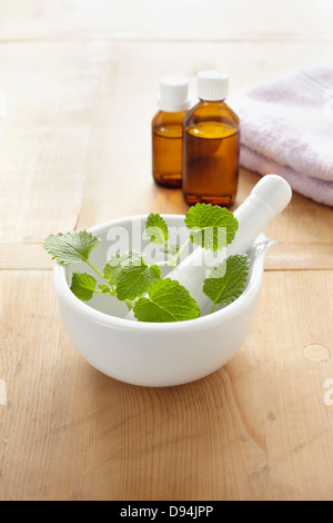 Ancora in vita di mortaio e pestello con melissa, erbe aromatiche fresche, asciugamano, bottiglie di olio essenziale per aromaterapia Foto Stock
