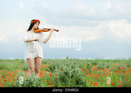 Una ragazza con un violino in una camicia bianca su un campo di papavero Foto Stock