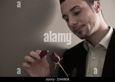 Ritratto di giovane uomo spiumatura petali di rosa rossa, Studio Shot Foto Stock