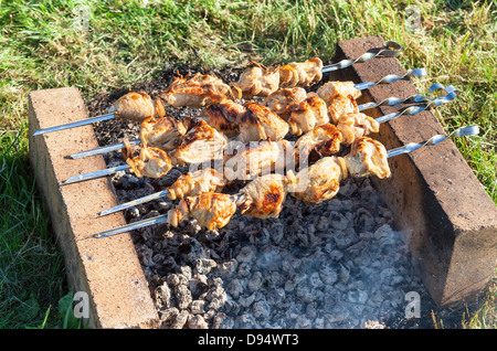 Shish kebab sul forno improvvisato in mattoni Foto Stock