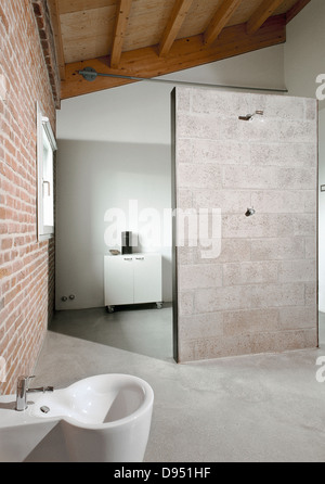 Dettaglio della cabina doccia del bagno moderno in mansarda con soffitto in legno e pavimento in calcestruzzo Foto Stock