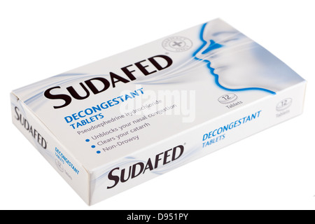 Scatola di 12 Sudafed decongestionante compresse contenenti cloridrato di pseudoefedrina Foto Stock