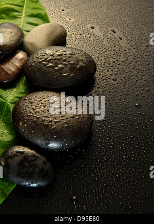 Massaggio bagnato pietre con foglia verde e l'acqua scende Foto Stock