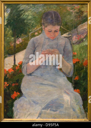 Mary Cassatt jeune fille au jardin aka Femme cousant - ragazza in giardino aka donna 1880-1882 cucitura secolo XIX scuola francese o Foto Stock