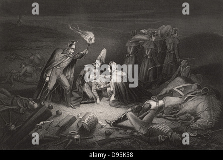 Crimea (Russo-Turkish) Guerra (1853-1856): campo di battaglia nella notte dopo l'Alma, 20 settembre 1854, a curare i feriti e di recuperare i corpi dei morti. Incisione. Foto Stock