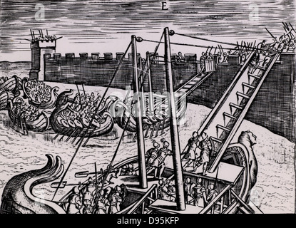 I soldati romani scalare le mura di una fortezza per mezzo di scale montato su barche. Da 'Poliorceticon sive de machinis tormentis telis' da Justus Lipsius (Joost Lips) (Anversa, 1605). Incisione. Foto Stock