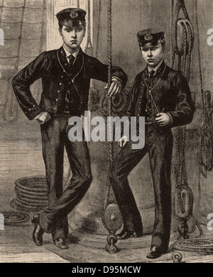 Il principe Albert Victor, Duca di Clarence (1864-1892) e il suo giovane fratello George Principe del Galles (1865-1936) come George V re di Gran Bretagna dal 1910, durante il loro tempo come cadetti navali o aspiranti guardiamarina (1877-1882) a bordo della nave di formazione "Britannia'. Incisione su legno. Foto Stock