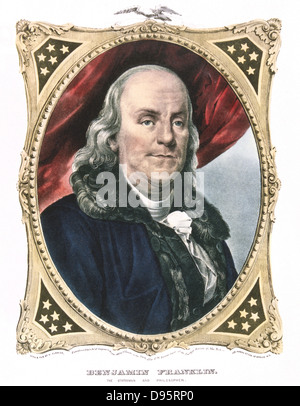 Benjamin Franklin (1706-90) statista americano, stampante e scienziato. Litografia colorata da Currier e Ives. Foto Stock