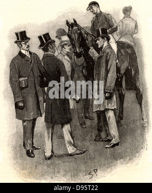 L'avventura di Silver Blaze". Sherlock Holmes rivelando l'assassino del trainer, John Straker. Silver Blaze aveva preso a calci per lui la morte quando l uomo è stato il tentativo di lame di lui. Da "Le avventure di Sherlock Holmes' da Conan Doyle di 'The Strand Magazine' (Londra, 1892). Illustrazione di Sidney Paget e il primo artista a disegnare Sherlock Holmes. Incisione. Foto Stock