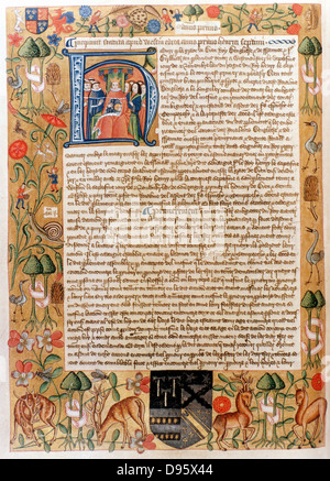 Enrico VII (1457-1509) primi Tudor re d'Inghilterra dal 1485. Il suo primo atto del parlamento con iniziale ritratto del re. Confine illuminato con flora e fauna. Thomas Pigot del " Libro degli Statuti'. Foto Stock