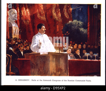 Joseph Stalin ( Iosif Vissarionovichg Dzhugashvili - 1879-1953) leader sovietico, affrontando il sedicesimo Congresso del Partito comunista della Federazione russa, 1930. Questo è stato l'ultimo congresso ad essere dominato dai leader originale del partito. Foto Stock