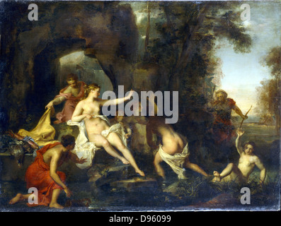 Di Diana e Atteone'. Durante una battuta di caccia, Acteon sorprese la dea Diana e come punnishment mauled è a morte dai suoi propri cani. Louis Galloche (1670-1761). Olio su tela. Collezione privata. Foto Stock