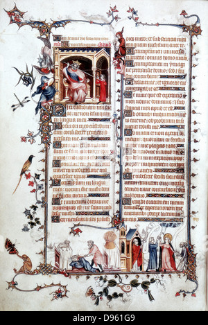 Bellville Breviario (⇒ 1323-1326), Caino uccidere Abele, in basso a sinistra. L Eucaristia che mostra la fetta (corpo di Cristo), la Colomba (lo Spirito Santo) e la mano dal cielo (Dio Padre). Manoscritto Foto Stock