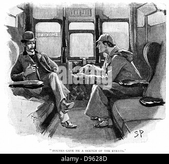 L'avventura di Silver Blaze": "Holmes mi ha dato uno schizzo di eventi". Sherlock Holmes e il Dr Watson nel convoglio ferroviario a Devon per indagare su un omicidio e la scomparsa di un famoso cavallo da corsa. Arthur Conan Doyle la storia pubblicata in "The Strand Magazine', Londra, 1892. Illustrazione di Sydney e Paget, il primo artista a creare un'immagine di Holmes. Foto Stock