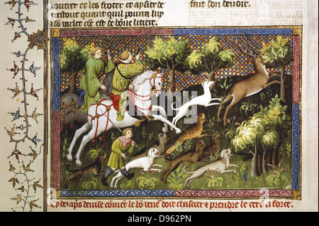 La caccia al cervo da 'Le Livre de la Chasse' (Libro della caccia di Gaston Phoebus III (1331-1391), Comte de Foix. Xv secolo manoscritto. Bibliotheque Nationale di Parigi. Foto Stock