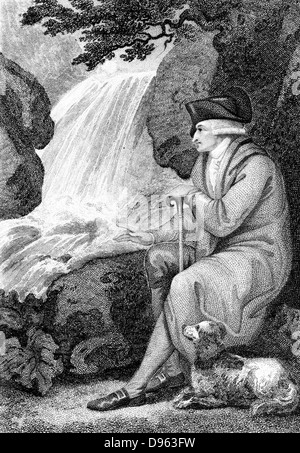 Jean Jacques Rousseau (1712-1778) contemplare la bellezza naturale della Svizzera. Politica francese autore, pedagogista e filosofo. Incisione del 1787. Foto Stock