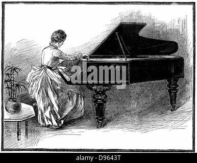 Giovane donna tuning un pianoforte a coda. Piano tuning è stato considerato un occupazione adatta per una donna giovane costretto a guadagnarsi da vivere. Incisione su legno, 1887. Foto Stock