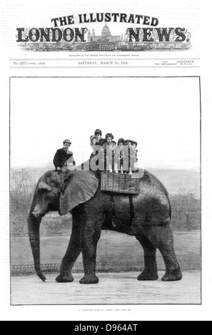 Un addio Ride su Jumbo' allo Zoo. Questo grande elefante africano è stato venduto da Zoo di Londra nel 1882 per il mattatore americano Phineas Taylor Barnum (1810-1891) per il suo circo che divenne noto come il "più grande spettacolo sulla terra". Da 'l'Illustrated London News' (Londra, 18 marzo 1882). Incisione su legno. Foto Stock