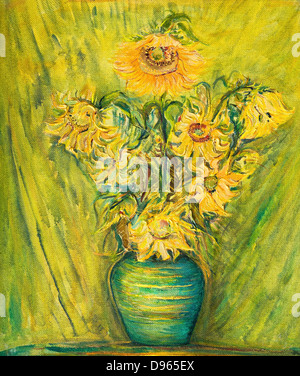 Un dipinto ad olio su tela di luminoso colorato bouquet girasoli su un giallo verde dello sfondo. Foto Stock