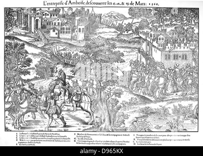 Il francese le guerre religiose 1562-1598. Amboise Enterprise o cospirazione Marzo 1560. Jean du Barry, Seigneur de La Renaudie (?-1560), un, Francesi Ugonotti leader del complotto contro fazione pretesto, ucciso in uno scontro con i partigiani. Incisione di Jacques Tortorel (fl1568-1590) e Jean-Jacques Perrissin (c1536-1617) da loro serie sulle guerre Huguenot. Foto Stock