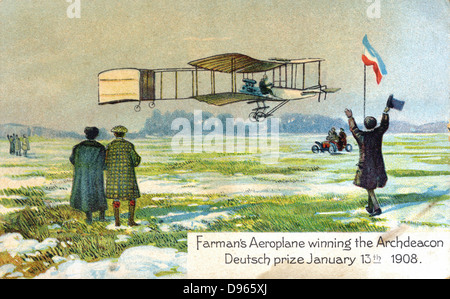 Henri Farman (1874-1958), francese aviatore e costruttore di aeromobili, nel suo Voisin vincente biplanare Arcidiacono Deutsch premio per primo l circolare chilometro di volo, Parigi, 13 gennaio 1908. A partire dalla serie di cartoline postali sulle macchine volanti pubblicato c1910. Chromolithograph Foto Stock