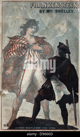 Mary Wollstonecraft Shelley 'Frankenstein o il moderno Prometeo' pubblicato per la prima volta 1818. Coperchio del tardo XIX secolo edizione popolare. Victor Frankenstein affrontare il mostro che ha creato. Foto Stock