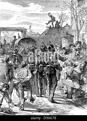 Guerra franco-prussiana 1870-1871: tedeschi lasciando Parigi. Incisione su legno c1880 Foto Stock