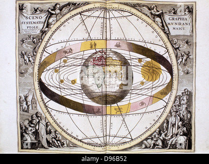 Tolemaico geocentrico, terra-centrato, sistema dell universo, che mostra la posizione del sole, della Luna e dei pianeti e la banda dell'eclittica. Da Andreas Cellarius "Harmonia Macrocosmica' Amsterdam, 1708. Foto Stock