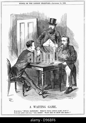 Signore Randolph Churchill (sinistra) cercando di rendere Charles Stewart Parnell, uomo politico irlandese, mostrano la sua mano e lasciare che Churchill e Hartington conoscere come egli utilizzerà Parnellite voti egli comanda in House of Commons. John Tenniel cartoon da 'Foratura' 18 settembre 1886. Incisione Foto Stock