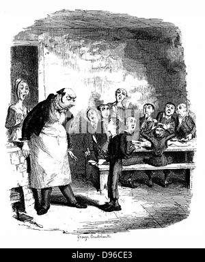 Oliver Twist provocando una sensazione in i bambini ward del fabbricato da per chiedere una seconda aiutare di porridge. Sullo sfondo di fame compagni lucidare le loro ciotole e cucchiai in loro la fame. George Cruikshank illustrazione per Charles Dickens "Oliver Twist", Londra, 1837-38. Incisione. Foto Stock