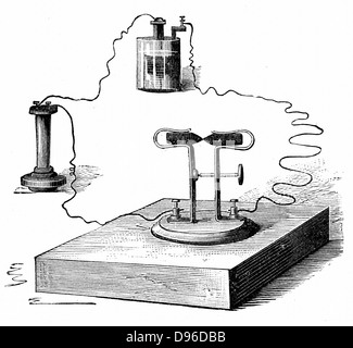 Microfono di carbonio, inventato nel 1878 da David Edward Hughes (1831-1900) inventore inglese. Da R. Wormell "l'elettricità al servizio dell'uomo"Londra, 1890. Incisione Foto Stock