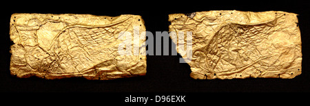 Foglio micenea gold copre per il vaso di vetro a forma di placche. Circa 1350-1200 A.C. Il Greco antico. Foto Stock