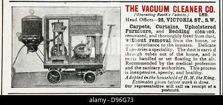 Pubblicità per l'aspirapolvere Azienda Chi usato Booth's brevetto del 1901 che ha usato la aspirazione per raccogliere polvere, invece di soffiare via la polvere in un sacchetto con aria compressa, il metodo utilizzato per American railroad car pulitori. Londra, 190. Foto Stock