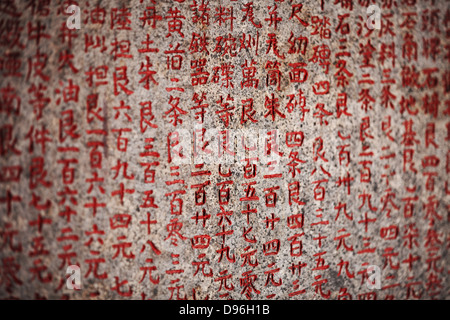 I caratteri cinesi sulla lapide in un antico tempio buddista Foto Stock