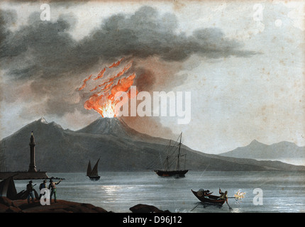 Il Vesuvio durante uno dei suoi primi anni del XIX secolo di eruzioni viste dalla baia di Napoli, Italia. In primo piano centro di pescatori sono utilizzando flare per attrarre le loro catture. La puntasecca c1815 . Foto Stock