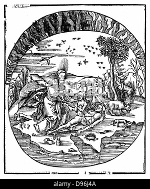 Dio la creazione di Eva dalla costola di Adamo. "Bibbia" Genesis. Illustra Thales' concetto di terra piatta galleggiante sull'acqua con aria e fuoco sopra. Quattro elementi di Greco. Da 'Margarita Philosophica' (la perla di Filosofia) da Gregor Reisch (Basilea, 1508). Xilografia. Foto Stock