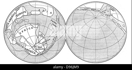 Schema della terra durante il periodo Carbonifero. Terra - non ombreggiate: Deep Sea - linee diagonali: acque poco profonde - linee orizzontali. Da un articolo di Alfred Wegener (1880-1930) sulla sua teoria della deriva continentale (Wegener ipotesi: 1915) pubblicato in 'scoperta', Londra, 1922. Foto Stock